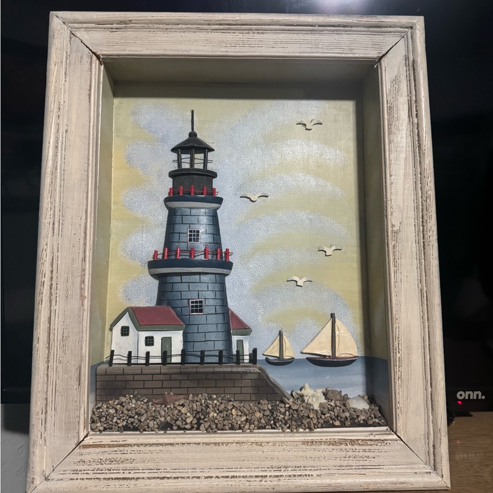 Framed 3D Lighthouse and Sailboats Art